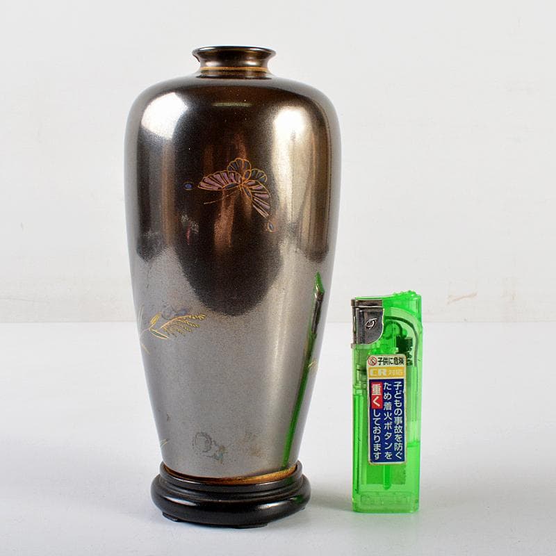 嘉子外製　鉄釉　色絵金彩　福田画　花蝶文瓶　花瓶　唐木台・時代箱付　CR5923