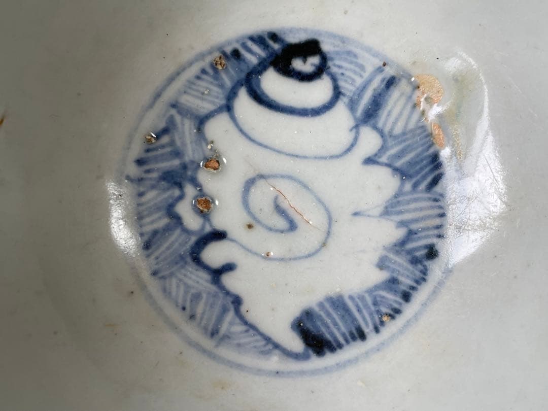 骨董　アンティーク　染付　明染付　芭蕉文様　巻貝文様　茶碗　抹茶碗