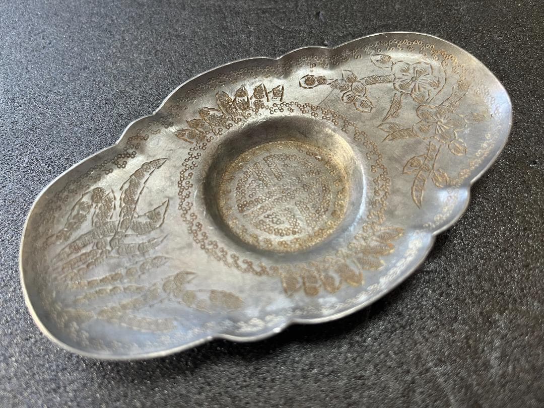 中国美術 古錫　茶托 五客　総重339g 錫 刻花卉寿字紋茶托・托子 煎茶道具