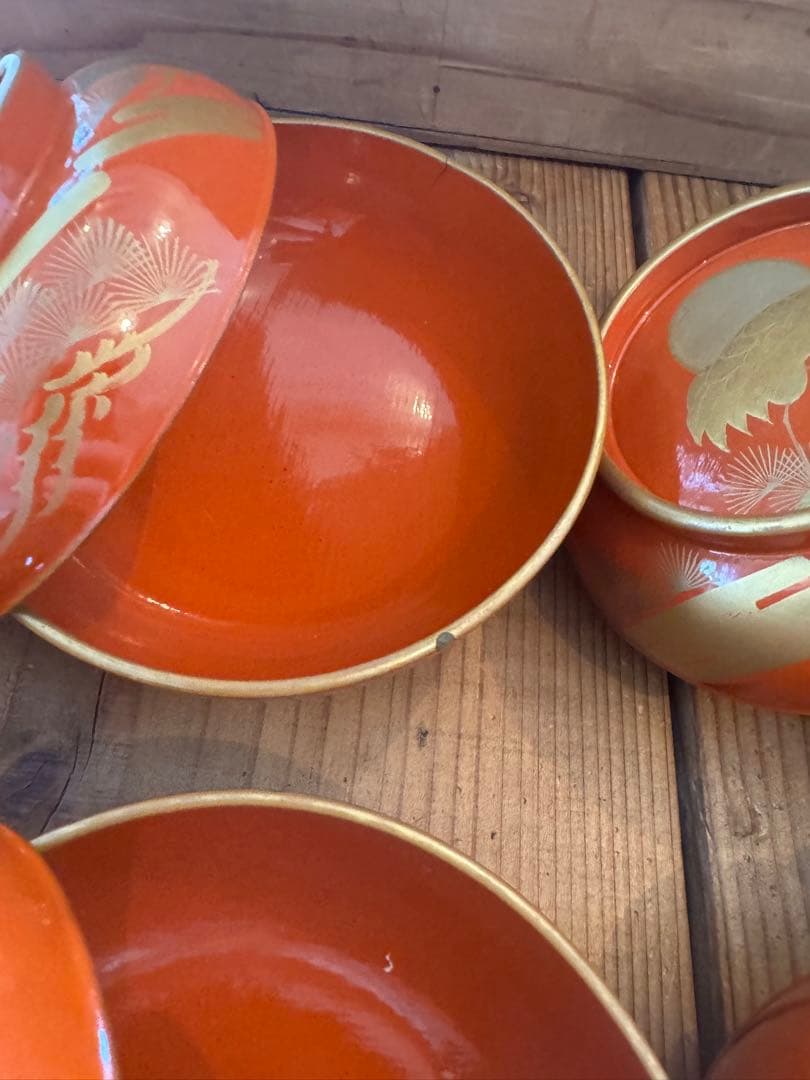 「明治〜大正 骨董 漆器 吸物椀 20客 ■華やか鶴蒔絵 ■箱付き ■送料込み」