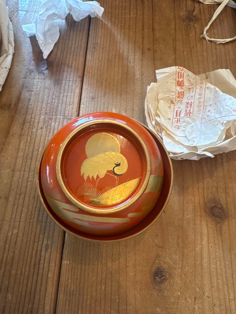 「明治〜大正 骨董 漆器 吸物椀 20客 ■華やか鶴蒔絵 ■箱付き ■送料込み」