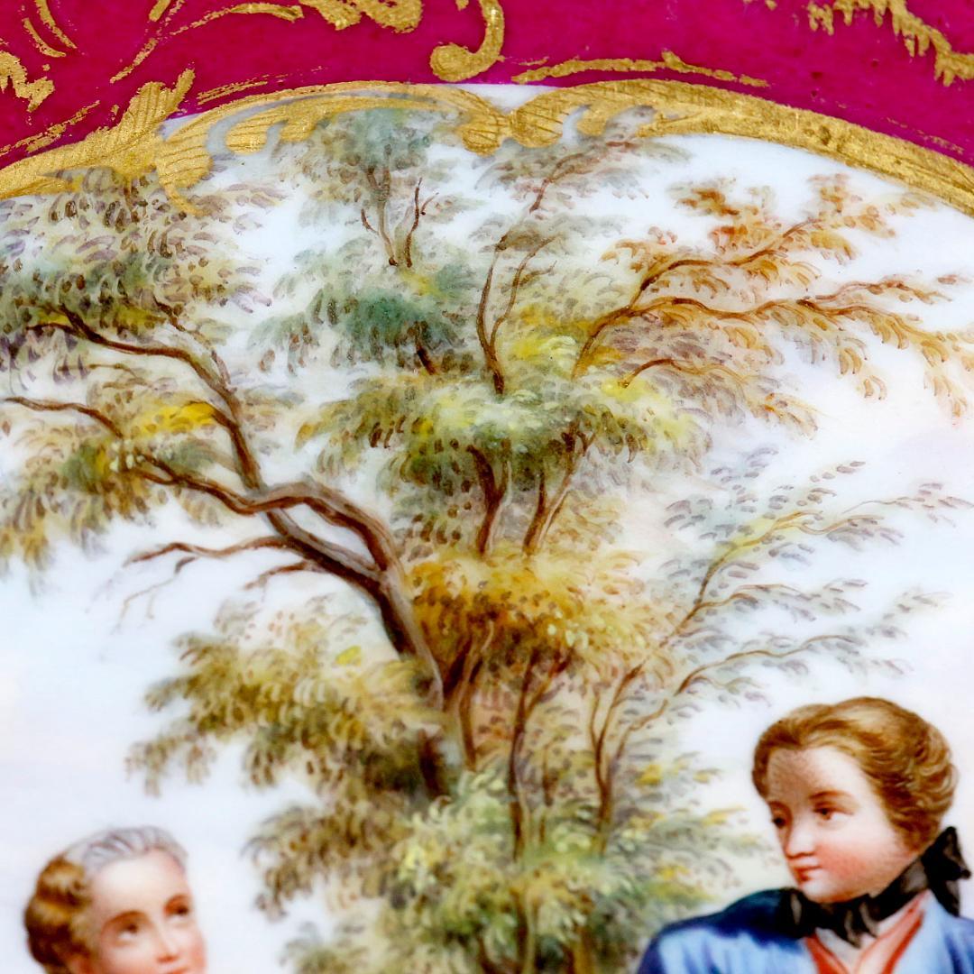 マイセン 忘れな草 透かし彫 恋人 ワトー風 飾り皿 ボタン剣 額装 １９世紀