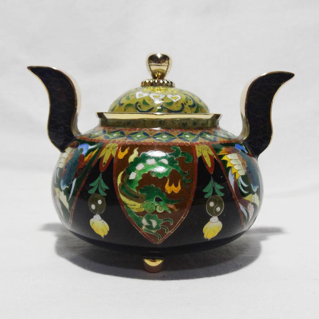 【錦雲軒 稲葉七宝】 玉形耳付古代文 七宝香炉 共箱 茶道具 香道具