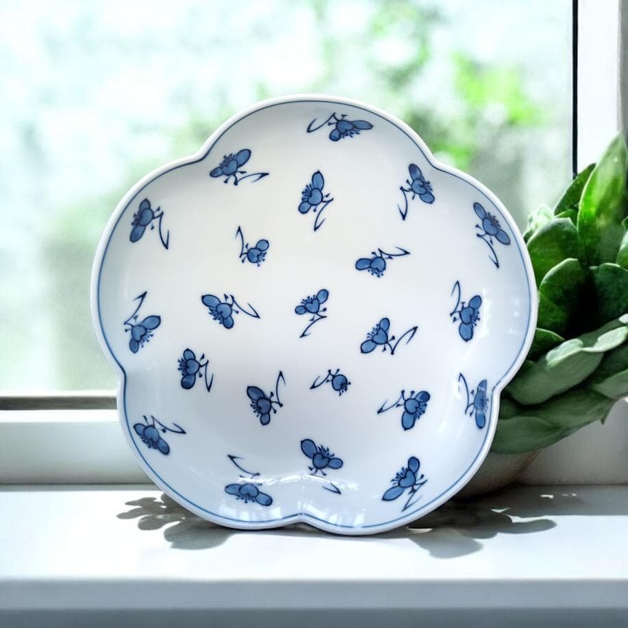 希少 源右衛門窯 青い花模様 八角形の器 木箱付き