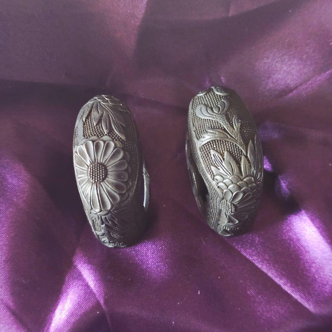 菊花文 銅地緑頭 半太刀拵 縁頭・栗形・尻金 揃金具 大縁42mm