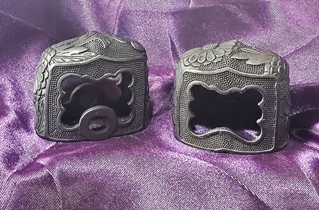 菊花文 銅地緑頭 半太刀拵 縁頭・栗形・尻金 揃金具 大縁42mm