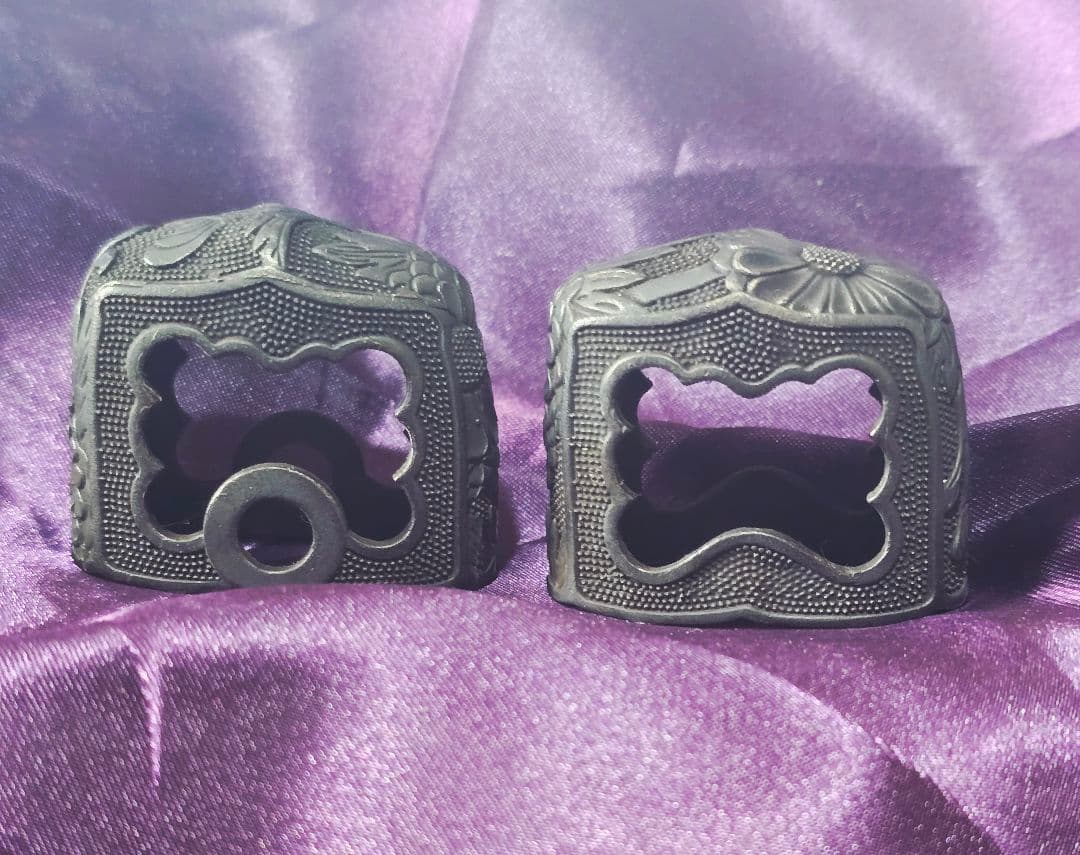 菊花文 銅地緑頭 半太刀拵 縁頭・栗形・尻金 揃金具 大縁42mm