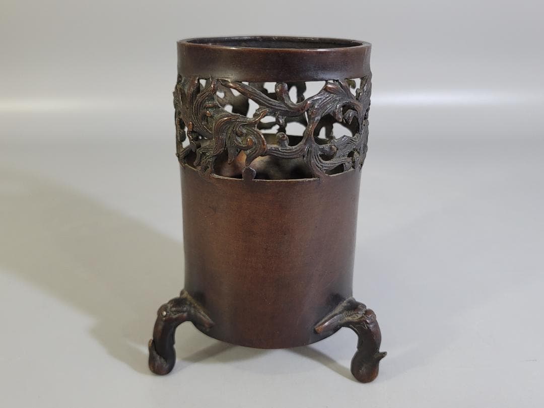 DT309 古い 中国 古銅 筆筒 宣徳年製