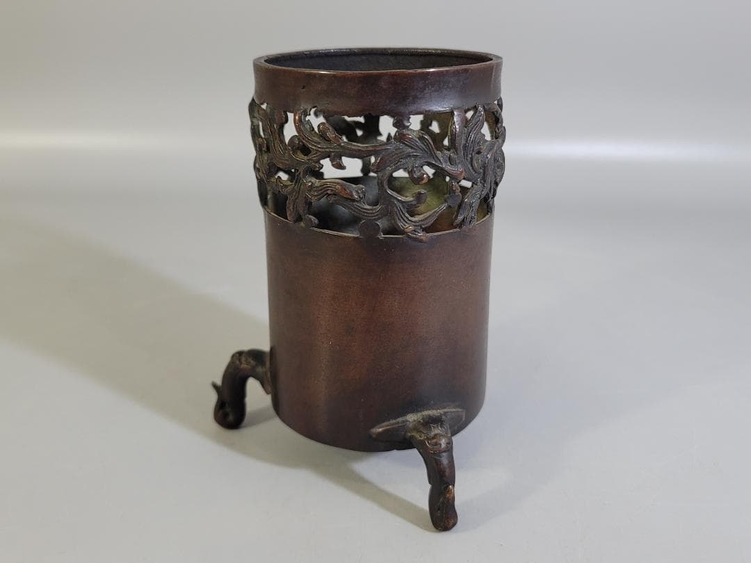 DT309 古い 中国 古銅 筆筒 宣徳年製