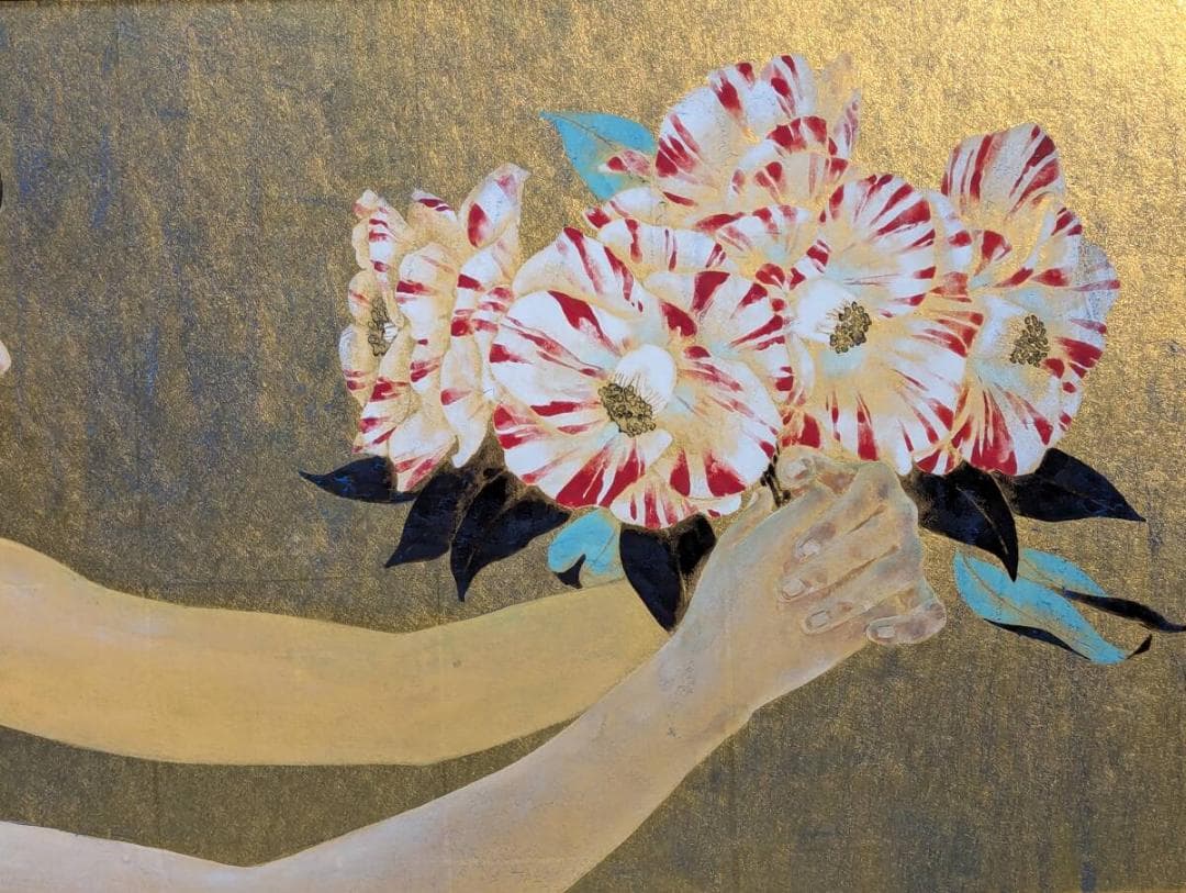 【真作】絵画　石踊紘一　日本画　花椿　良作　金地　美人画　箱・黄袋入　W111