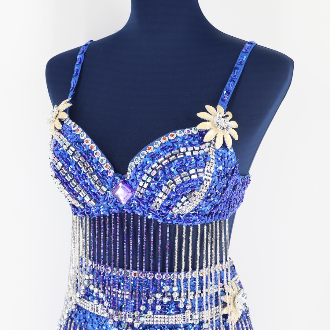 【ベリーダンス用 オリエンタル衣装】ブルー ラメ多数付き パープル 花 青 紫