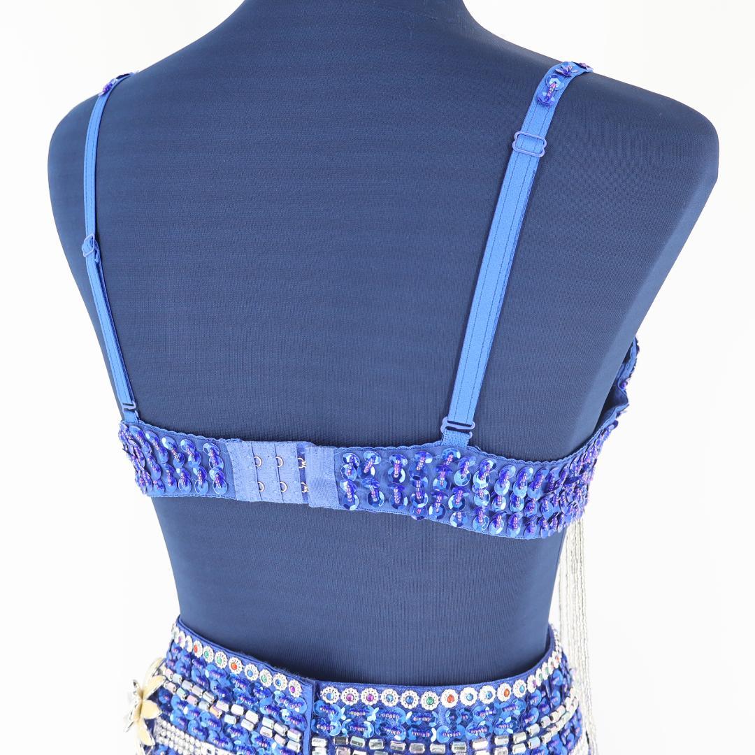 【ベリーダンス用 オリエンタル衣装】ブルー ラメ多数付き パープル 花 青 紫