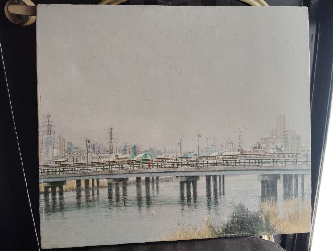 風景油彩画 雪の日の川