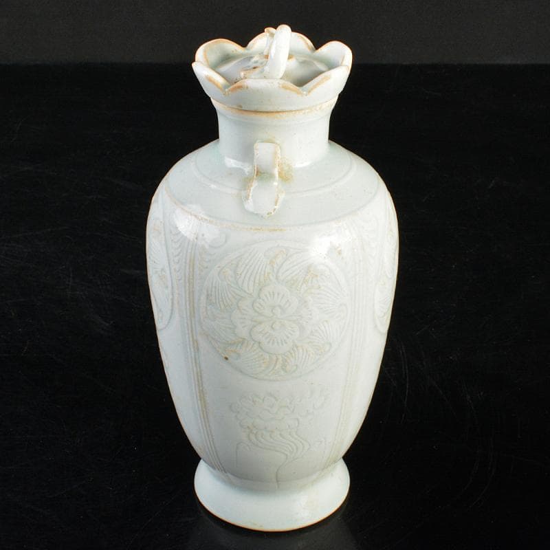 中国　影青　青白釉　陽刻　花文　双耳蓋瓶　M　7266E