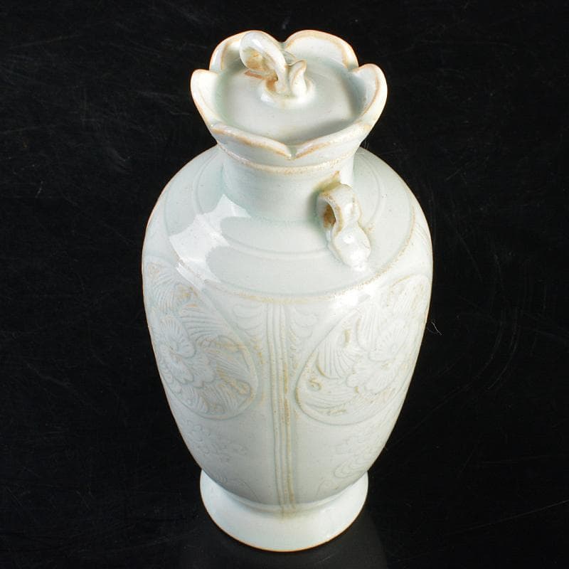 中国　影青　青白釉　陽刻　花文　双耳蓋瓶　M　7266E