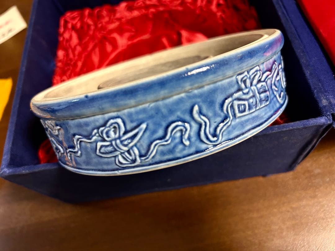 清時代　同治年間　藍釉　蓋付磁硯