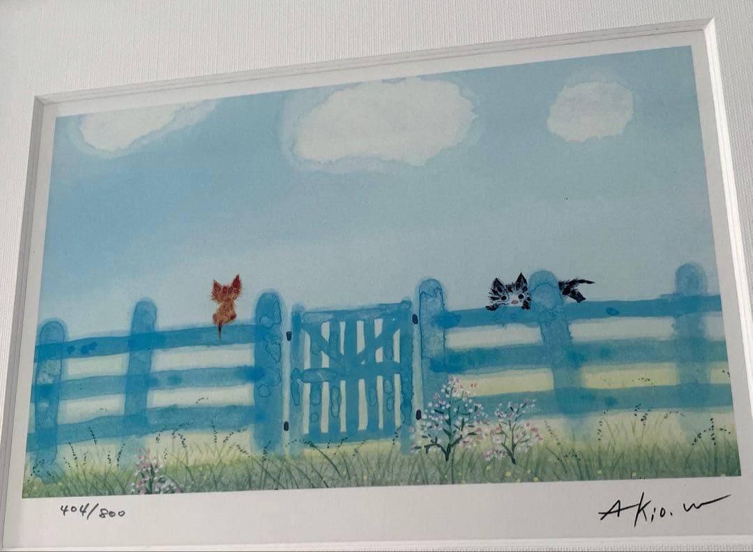 渡辺あきお　版画　雲に願いを　猫　ダイヤモンドスクリーニング