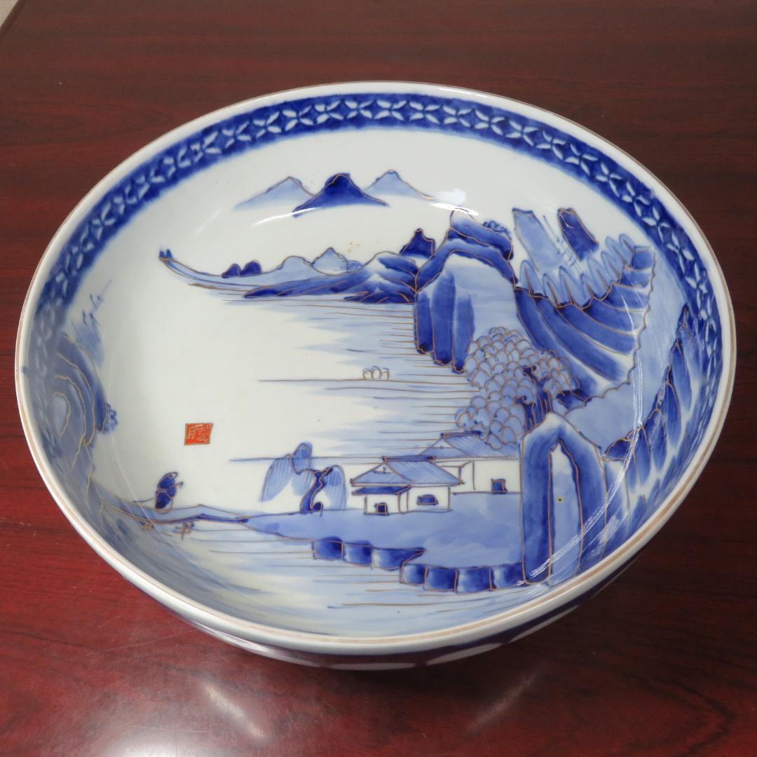 三組丼 山水 染付 二重高台 明治 三つ丼 三つ鉢 古伊万里 江戸 明治