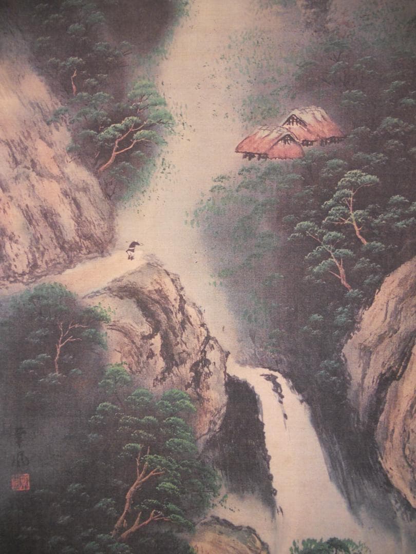 掛け軸 華風 彩色山水 絹本 希少 軸装 茶道具 掛軸 美品 です。