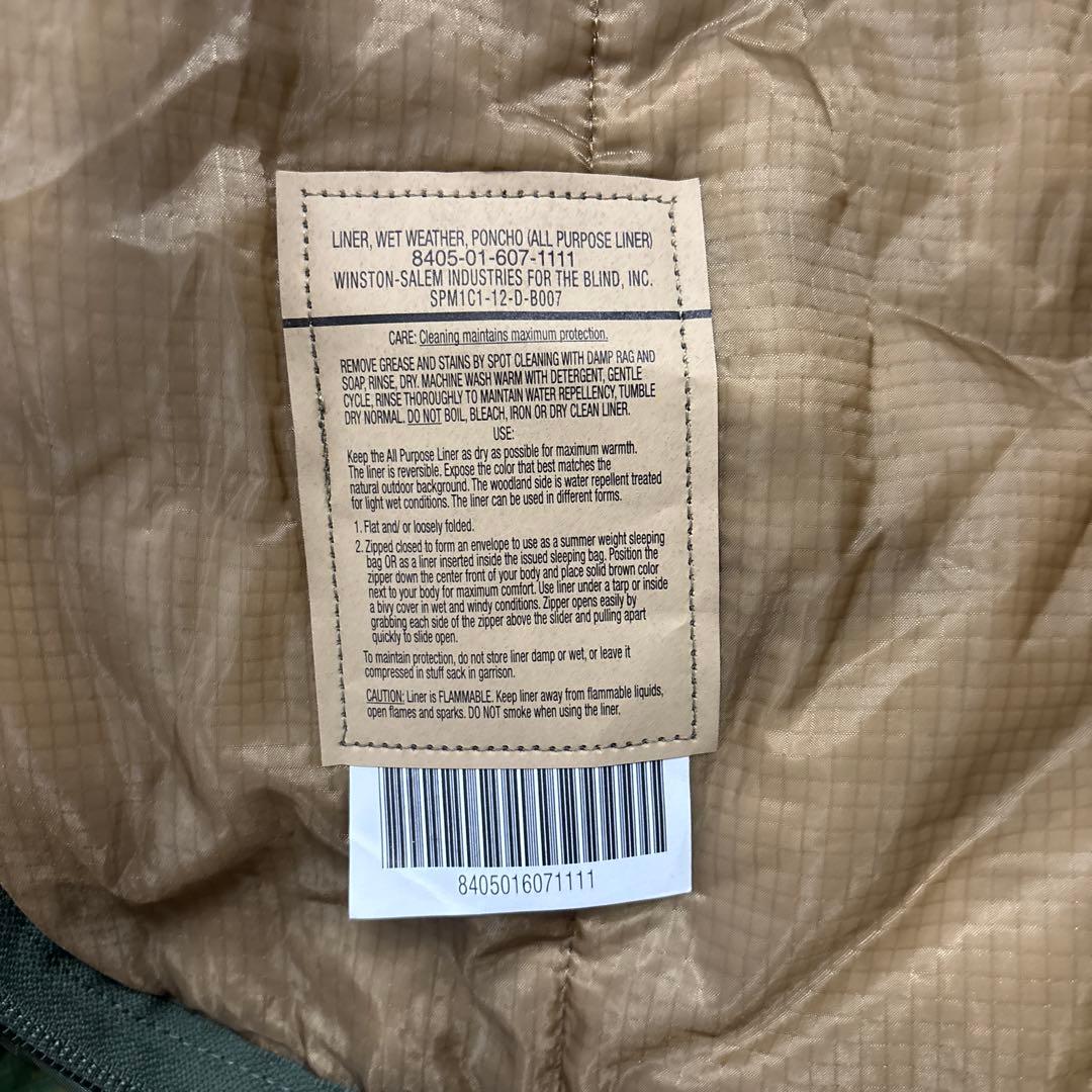 未使用品　米軍実物　LINER WETWEATHER PONCHO ジッパー付き