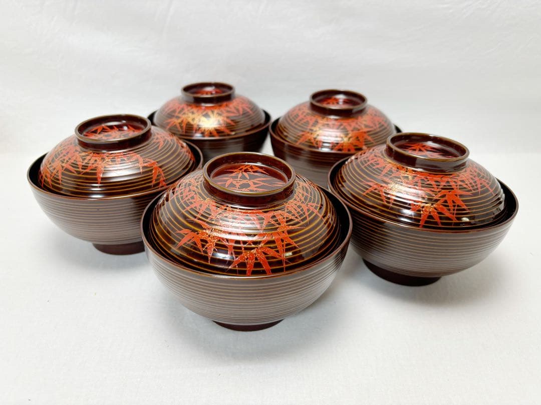 ほぼ未使用 懐石道具 張間麻佐緒作 輪島塗 木製朱竹蒔絵 煮物椀5客千筋共箱