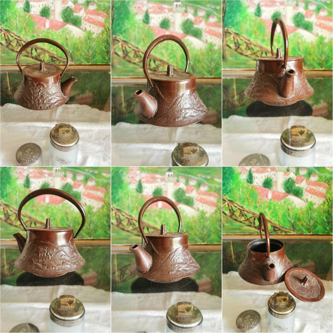 骨董 南部鉄瓶 急須 山と寺院境内 アンティークリネン ボビンレース編ドイリー付