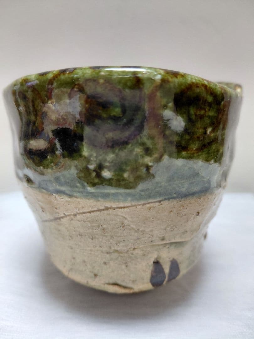 織部焼茶碗　緑釉　鉄絵　茶道具