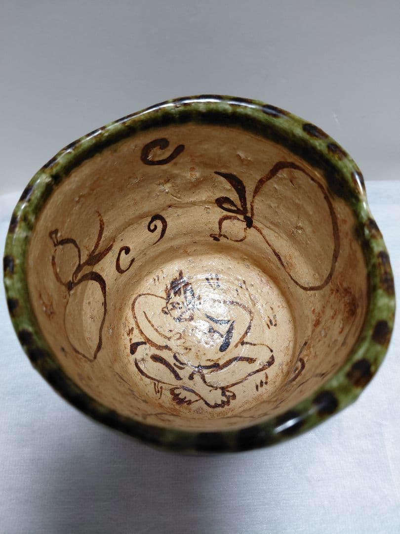 織部焼茶碗　緑釉　鉄絵　茶道具
