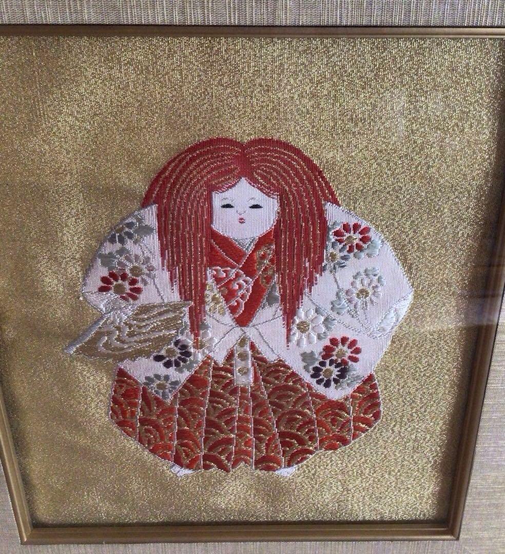 [美品]額入り袱紗　子供獅子　金糸入り袱紗　額嵌め込め作り　アンティーク品