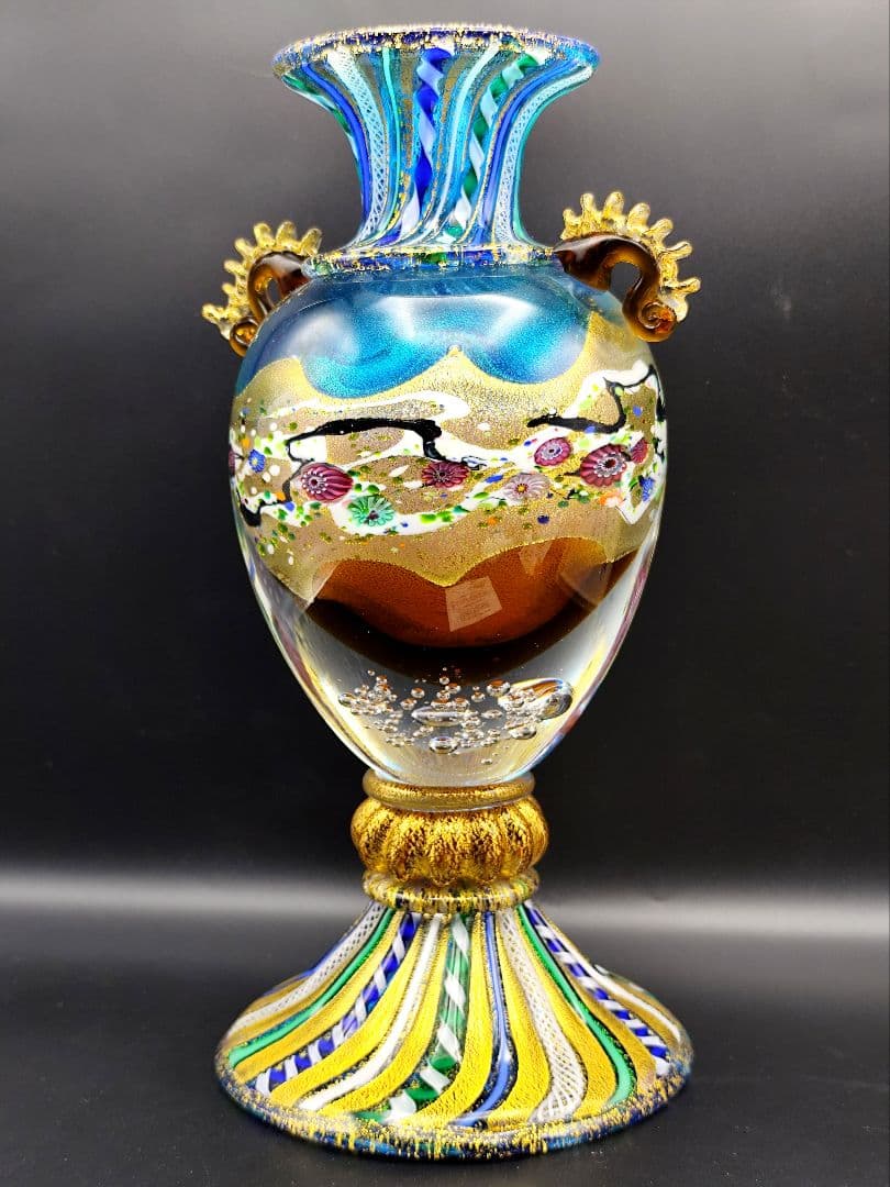 サイン有り☆現代の名工 黒木国昭 作 金彩象嵌「夢光琳」ヴェネチアレース 大花器