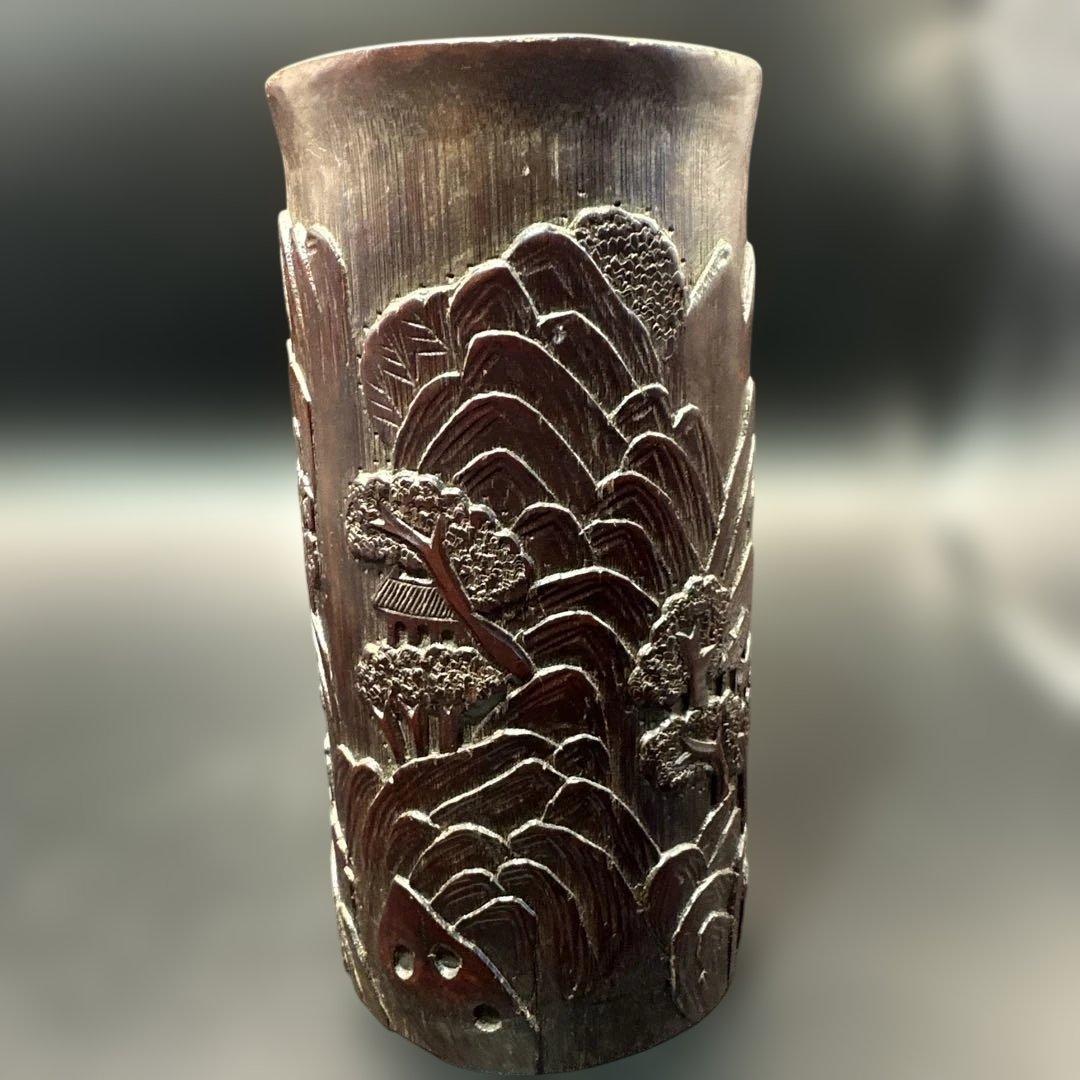 中国，竹彫刻，彫刻，置物，筆入り