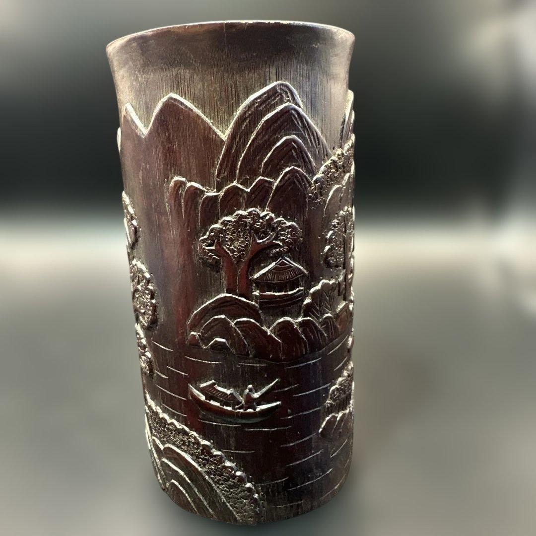 中国，竹彫刻，彫刻，置物，筆入り