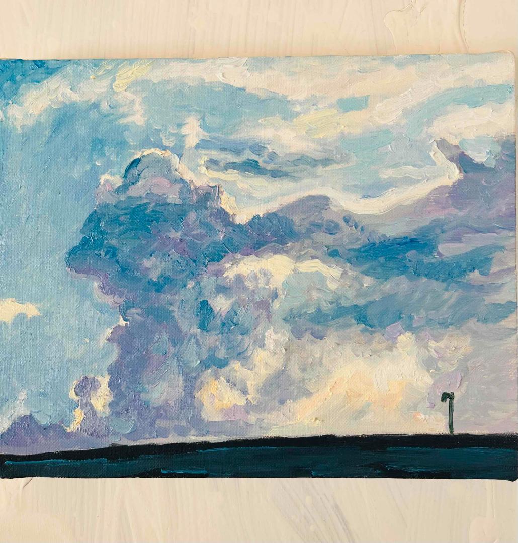 油彩画　原画「近所の風景　高速と神々の記憶が投影された空」F3 アート　絵画