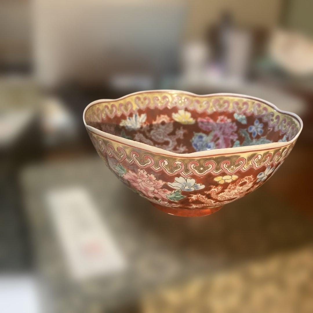 多色花模様陶器ボウル 専用箱付き