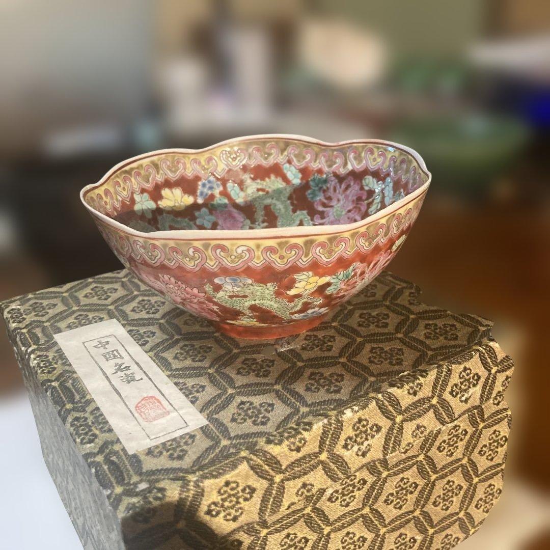 多色花模様陶器ボウル 専用箱付き