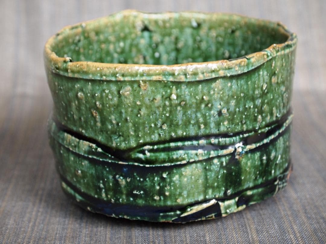 美品★山田和《師：加藤唐九郎》青織部茶碗★共箱