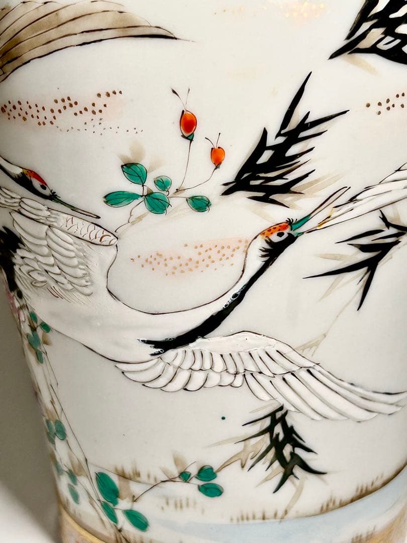 明治瀬戸の名工 加藤繁十 桃花園画 上絵飛鶴文花瓶 其の壱 名古屋絵付 瀬戸