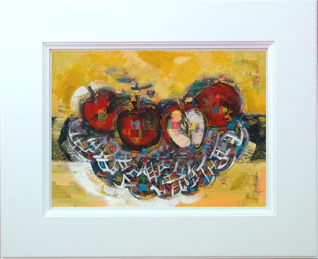 油絵菅家令子絵 絵画インテリア 額付(青緑＋金色の枠)uF6-060110 果物