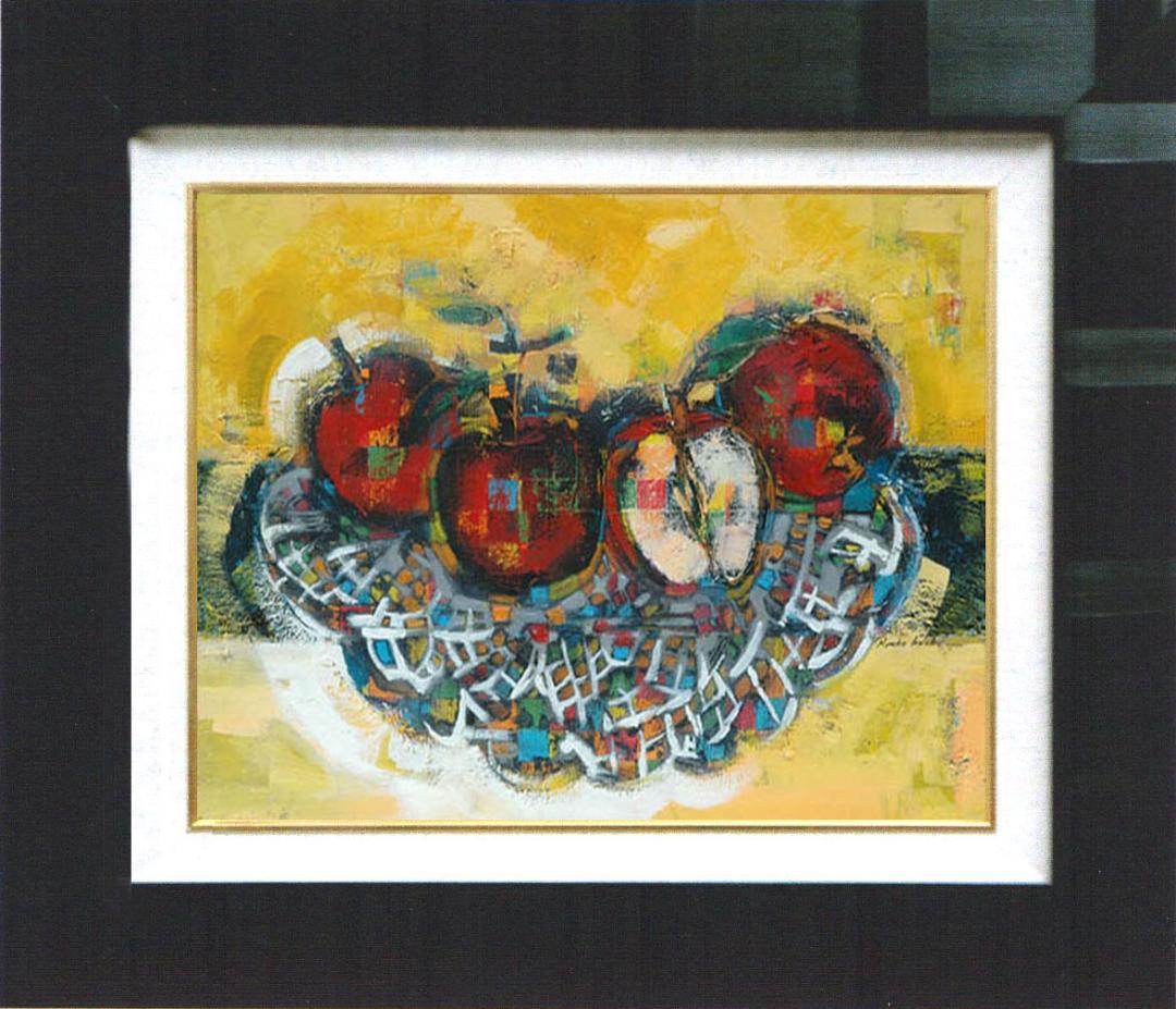 油絵菅家令子絵 絵画インテリア 額付(青緑＋金色の枠)uF6-060110 果物