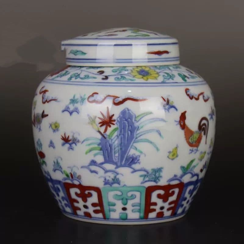 青花斗彩家族写真紋天子壺 景徳鎮 陶磁器 装飾品 現代工芸品 美術品 置物