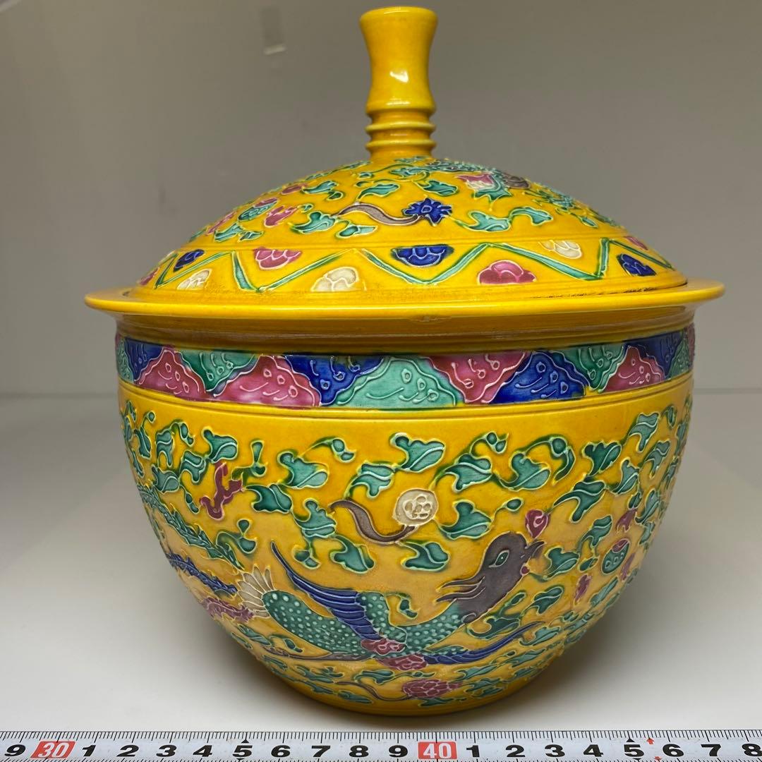 中国美術　龍図蓋物　高さ約20g㎝　東Y7-0331②タヒチ