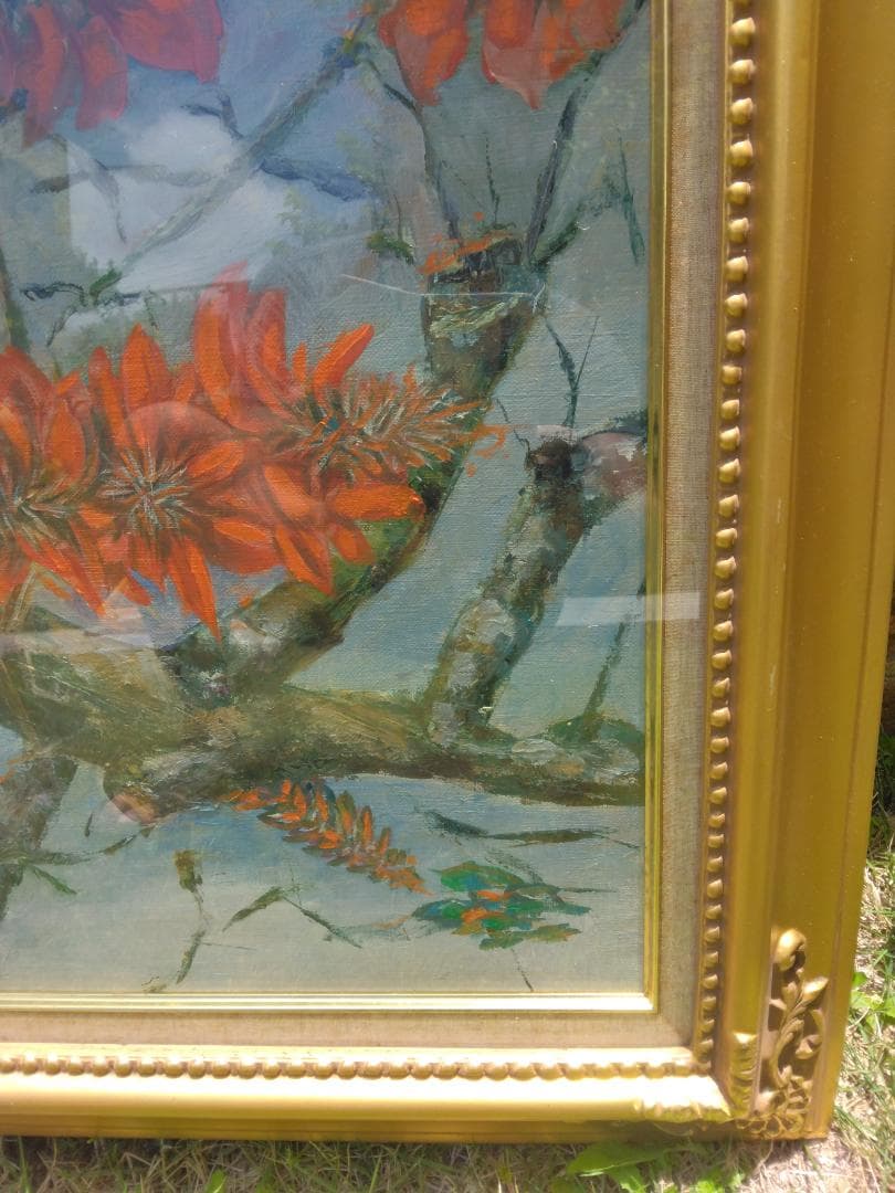 デイゴの花 油絵額縁付き