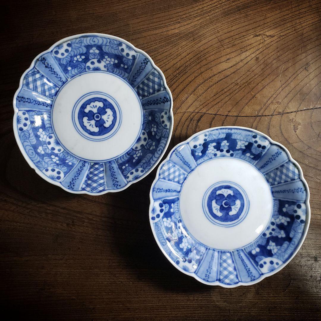 皿 2枚 染付 芙蓉手 明治 大正 銘 訳あり 欠け 擦れ ロ号 古伊万里