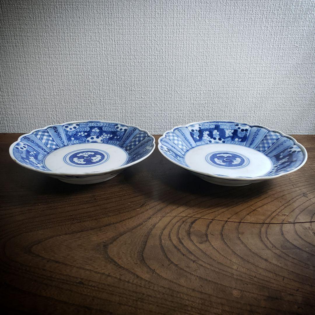 皿 2枚 染付 芙蓉手 明治 大正 銘 訳あり 欠け 擦れ ロ号 古伊万里