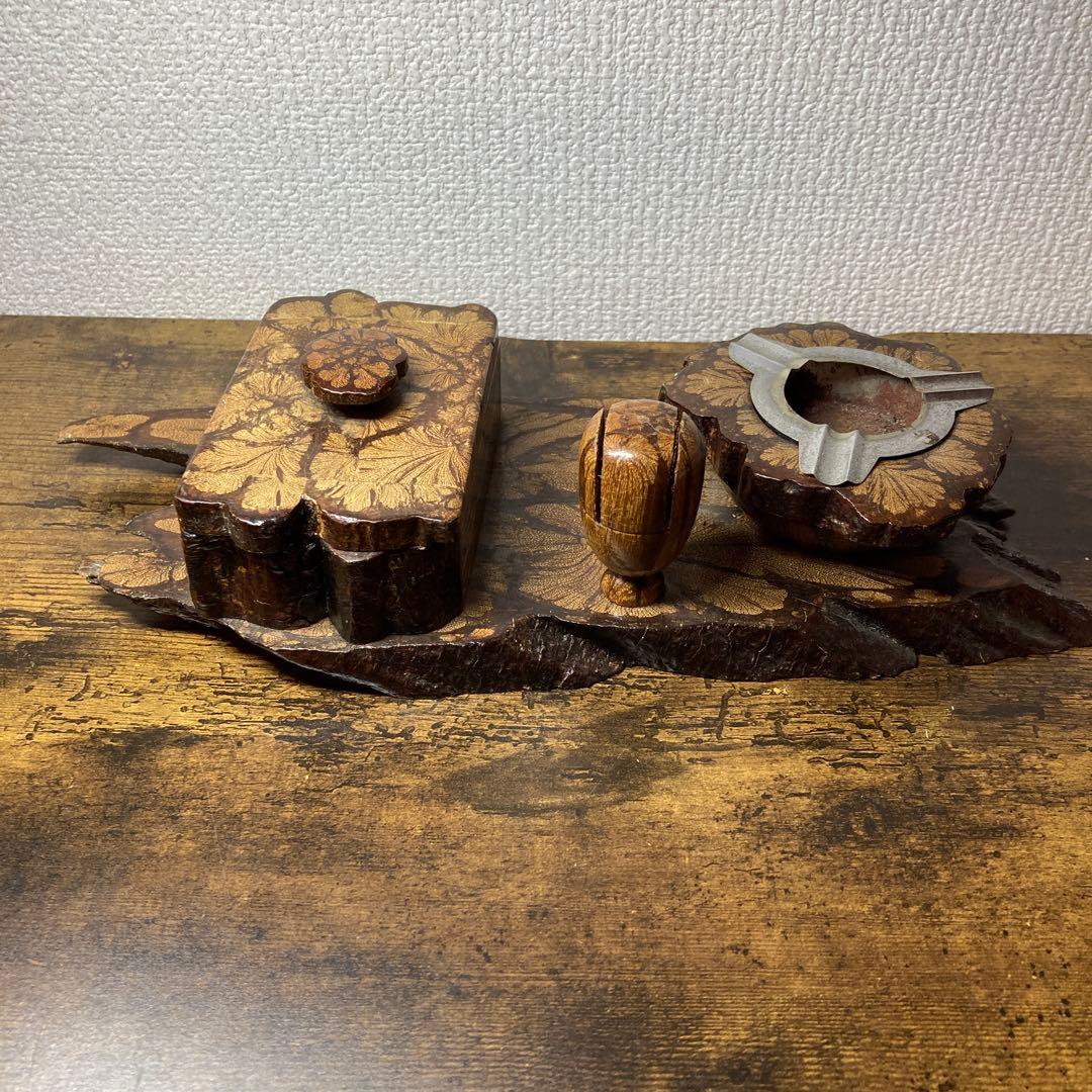 E-壁 【希少】アンティーク 樺細工 天然木 喫煙具セット灰皿・煙草入れ