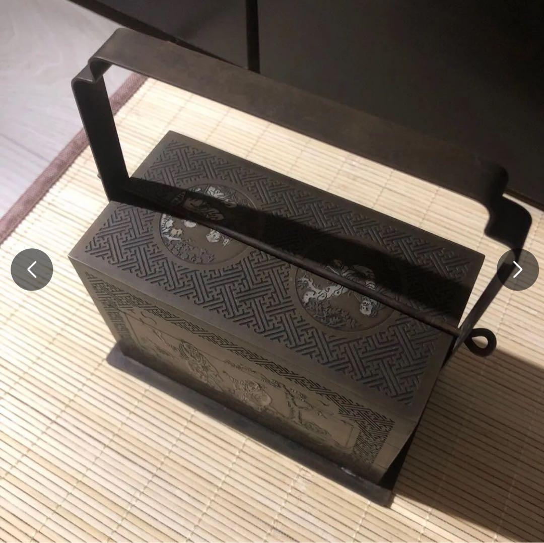 アンティーク調 持ち手付き 小物入れ 幾何学模様 レトロ 銅細工　銅鍛金