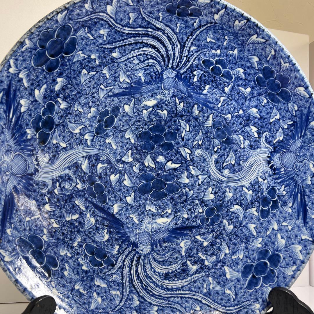 江戸中後期　古伊万里　極美品　染付鳳凰文大皿　約46.5㎝東Y7-1212☆2F