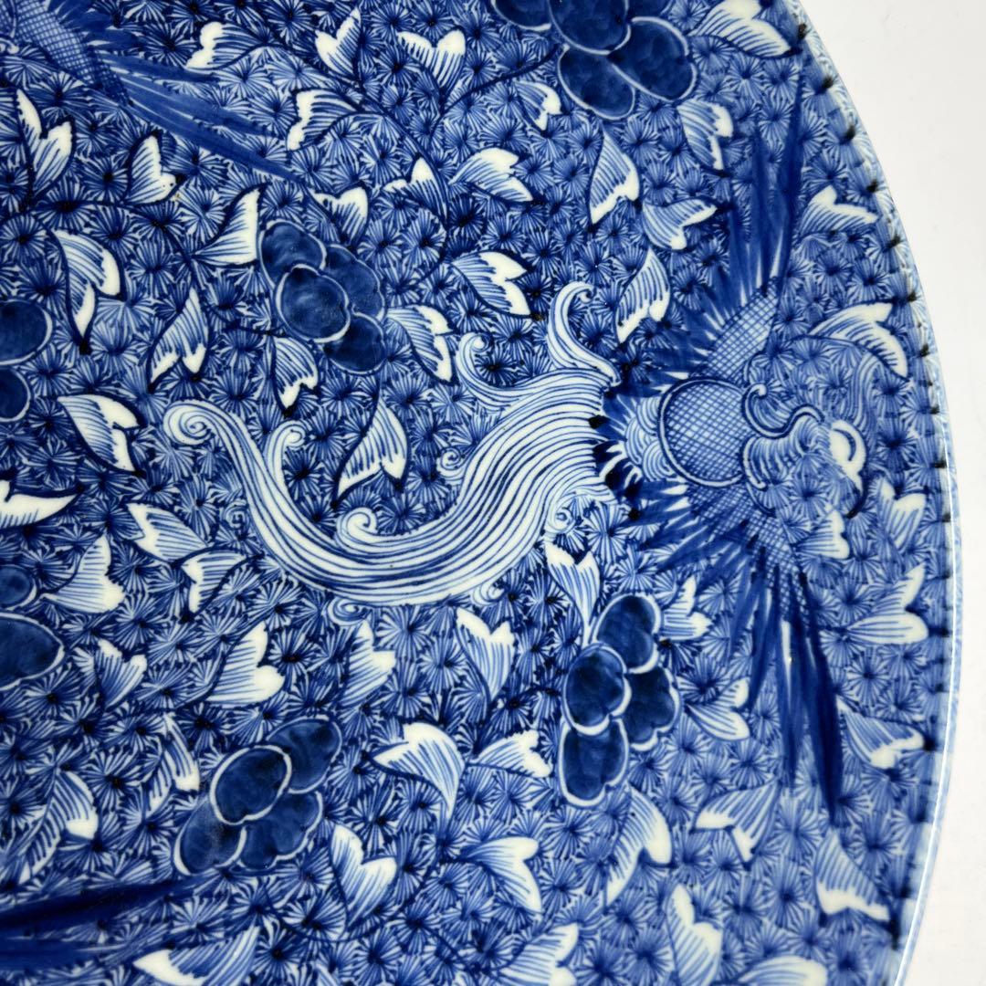 江戸中後期　古伊万里　極美品　染付鳳凰文大皿　約46.5㎝東Y7-1212☆2F