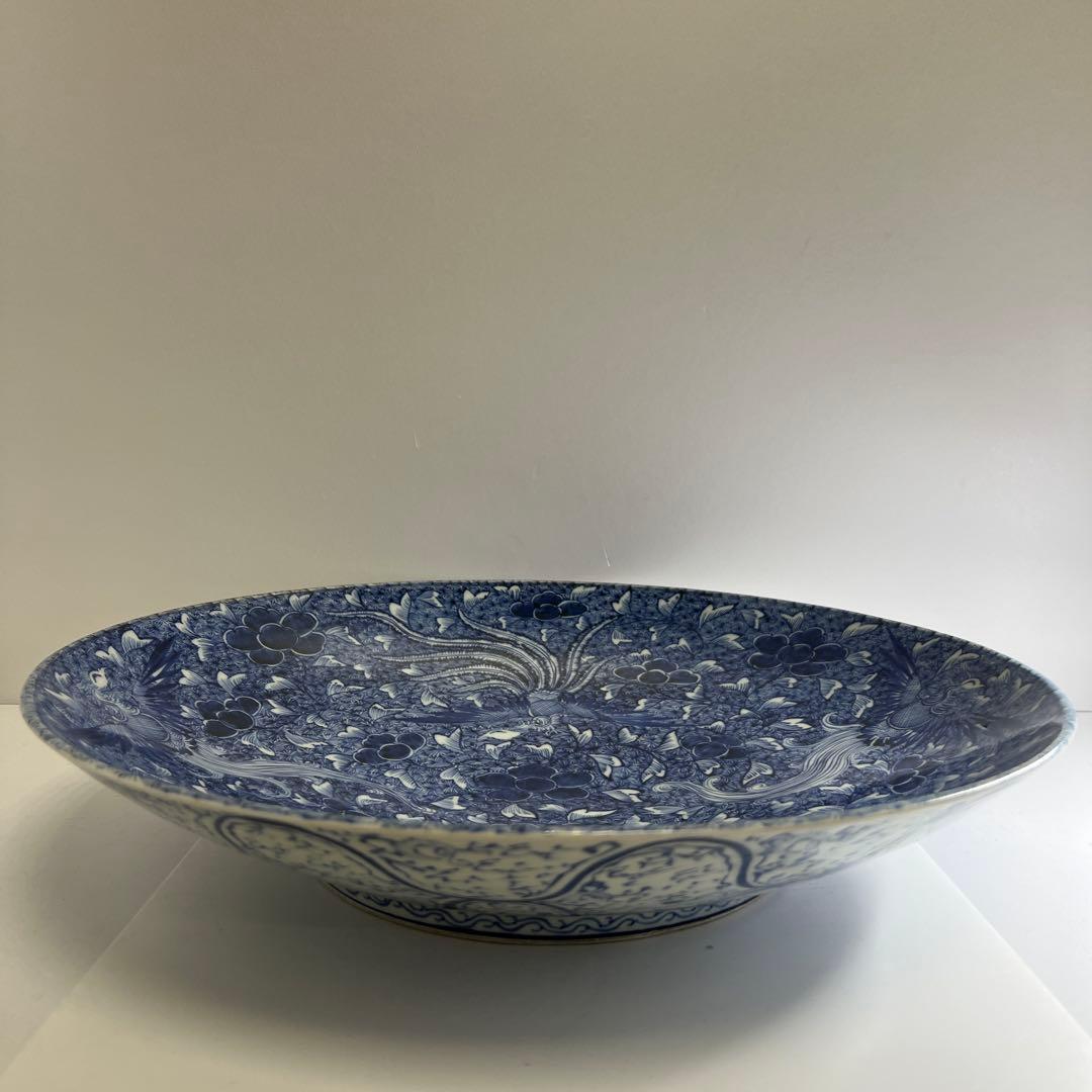 江戸中後期　古伊万里　極美品　染付鳳凰文大皿　約46.5㎝東Y7-1212☆2F