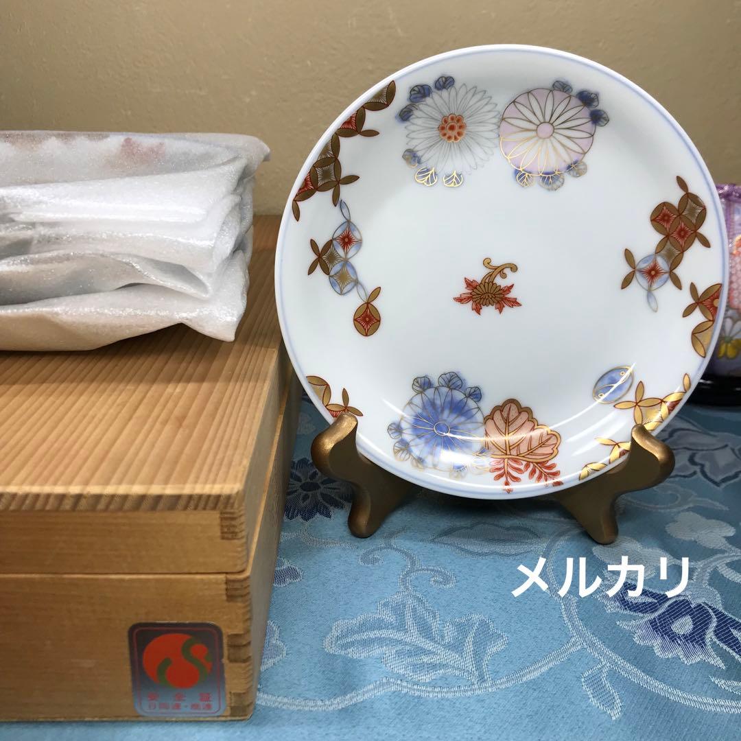 深川製磁　菊七宝　希少品　和皿揃　５枚１式　木箱入り　【廃番美品】